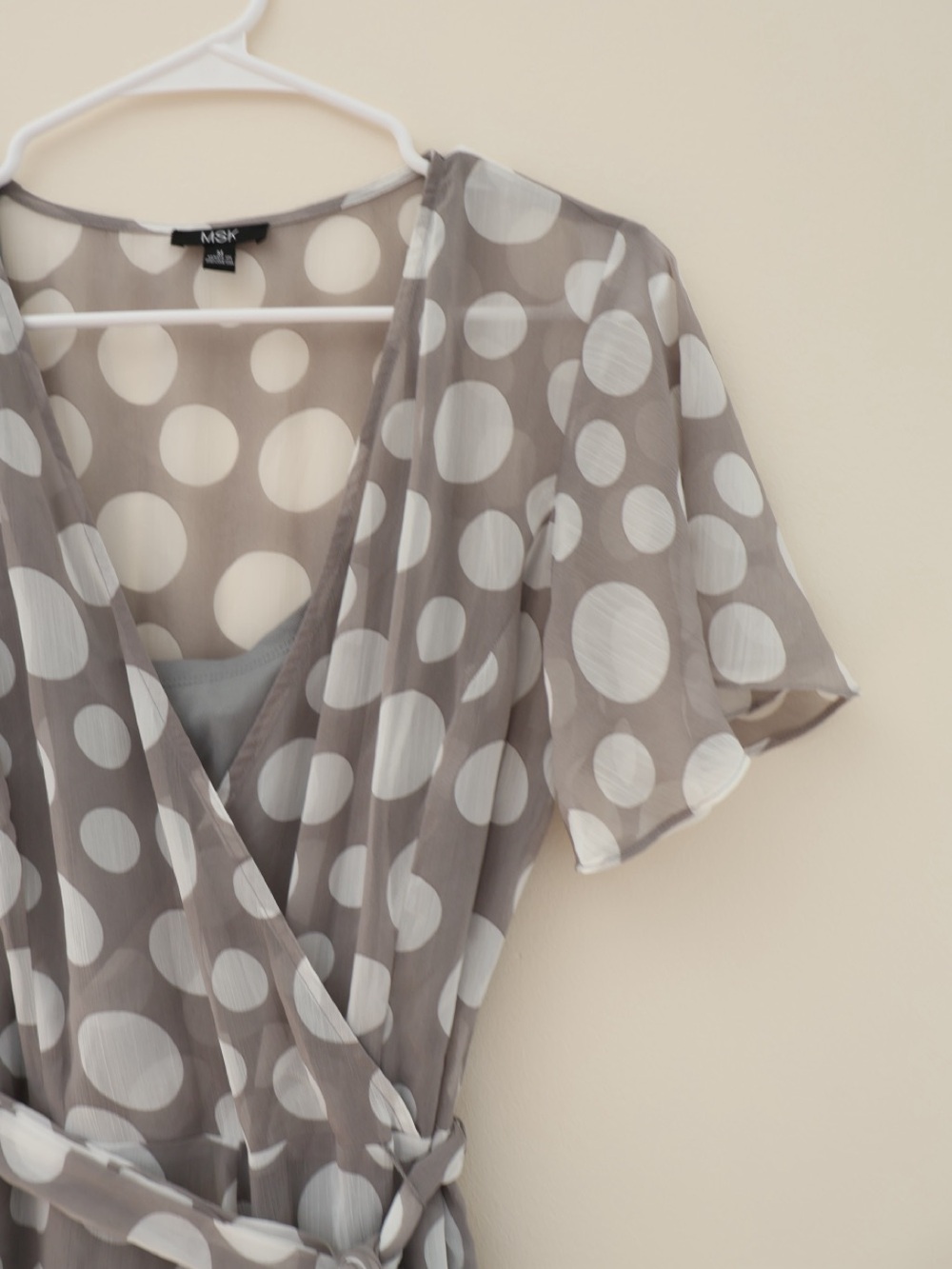 MSK Flowy Sheer Gauzy Asymmetrical Polka Dot Wrap Tie Midi Dress Sz M Retro Twee - Picture 2 of 10